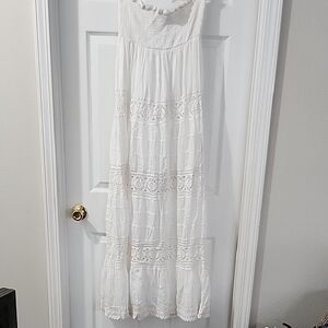 Womens White Cotton Summer Strapless Maxidress, Size Large